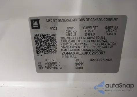 2019 Chevrolet Equinox Lt из США, поврежденный, VIN 2GNAXVEX3K6265807